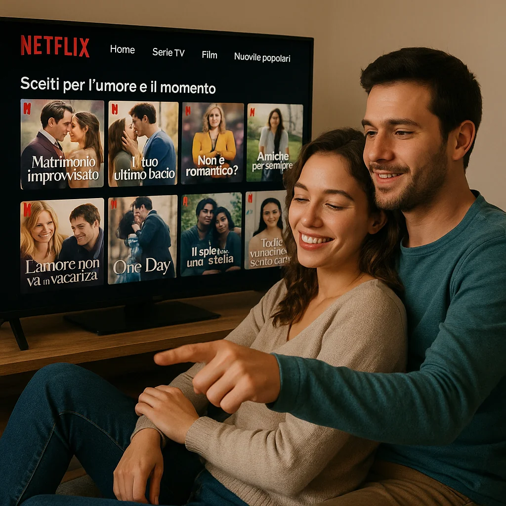 coppia innamorata che sceglie film romantici su Netflix Italia selezionati per umore e momento