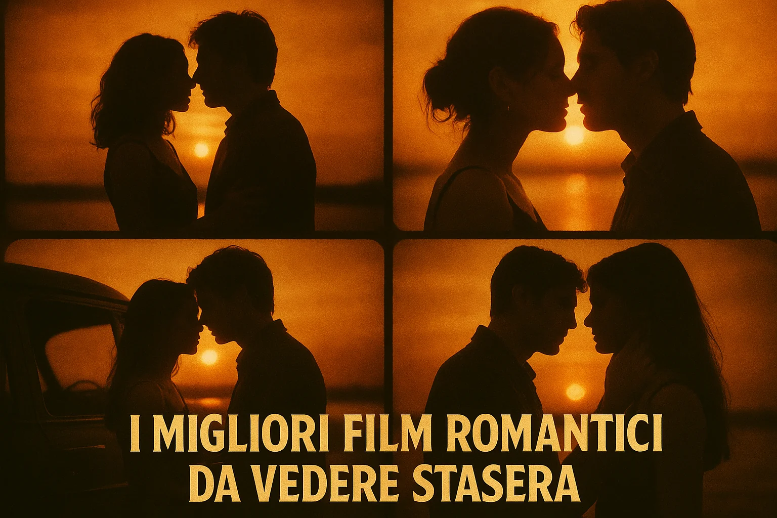 atmosfera cinematografica calda, silhouette e controluce romantici, mai volti riconoscibili né locandine di film reali — Ricerca: migliori film romantici da vedere stasera